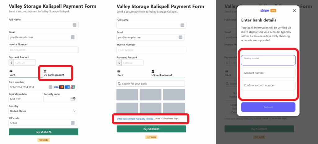 Valley Storage Kalispell - ACH Payment Screenshots